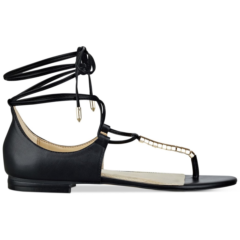 Black Gladiator Lace Up Gold Hardware Flat Sandals - Picture 6 of 7